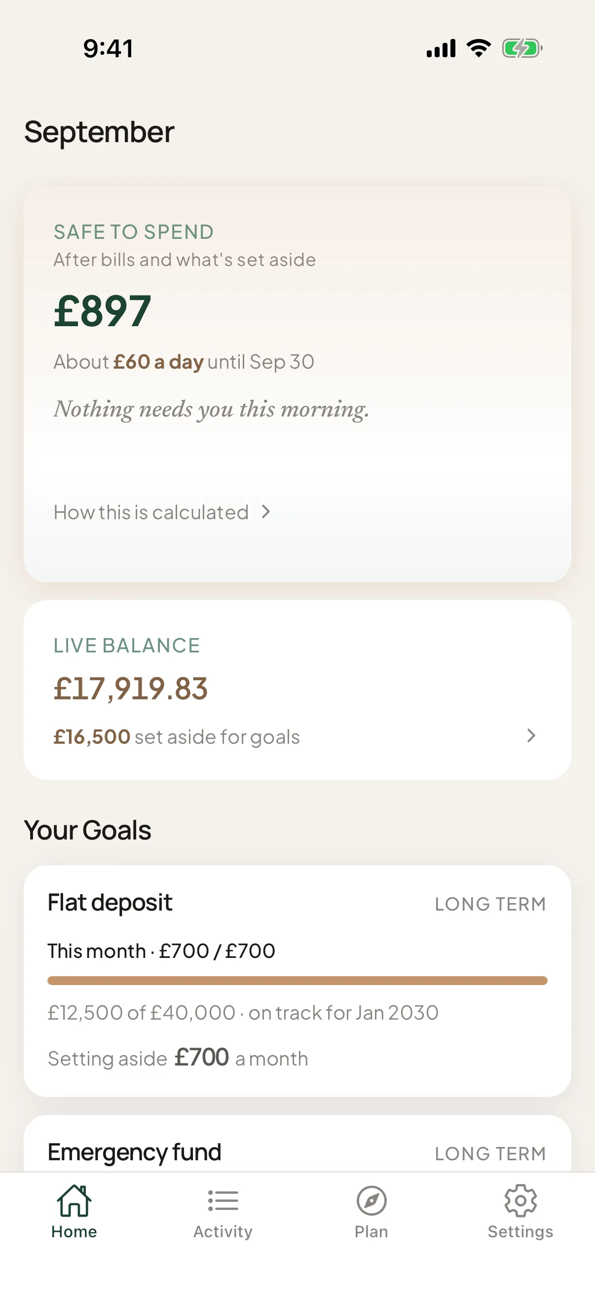 Home screen: £897 safe to spend, about £60 a day until 30 Sep, above a £17,919.83 live balance with £16,500 set aside for goals.